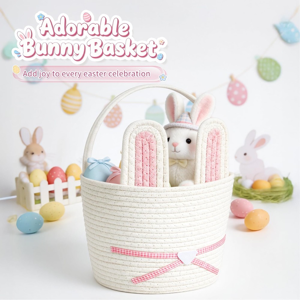 Easter Basket, Woven Easter Bunny Basket with Handle, Empty Gift Baskets East...
