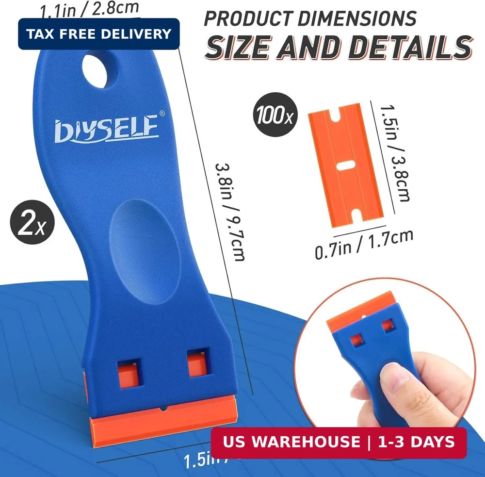 DIYSELF 2 Pack Plastic Razor Blade Scraper, Extra 100Pcs Plastic Razor Blades Re
