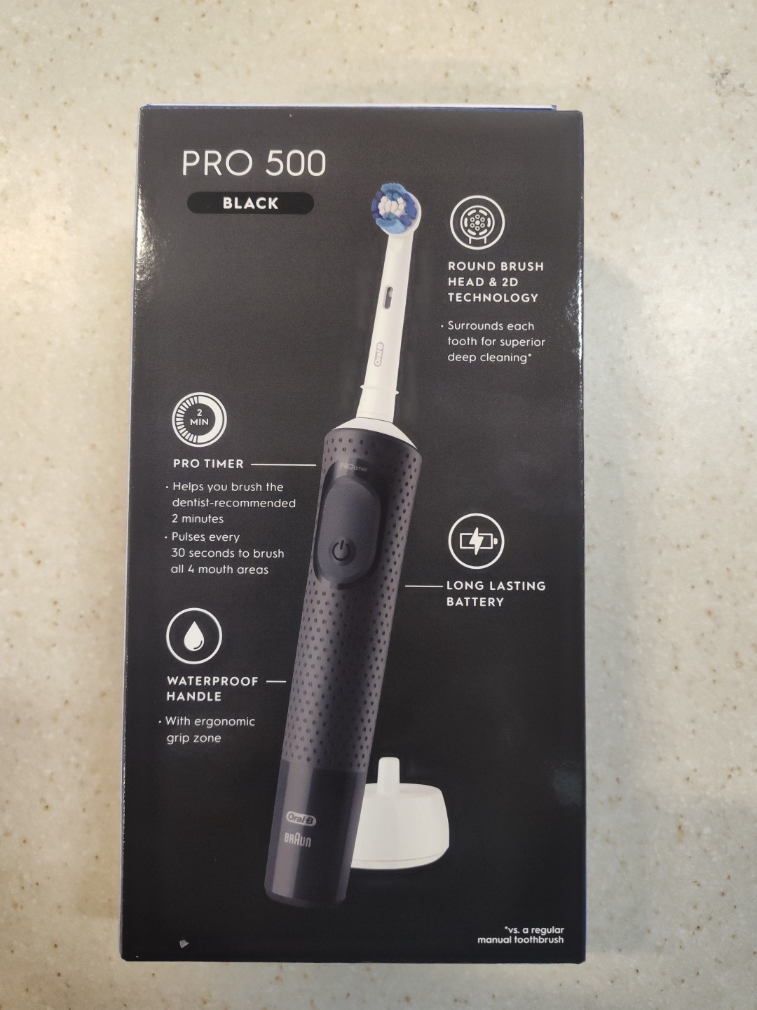 Oral-B Pro 500 Black Rechargeable Toothbrush 2 Modes 30 Second Quadrant Timer