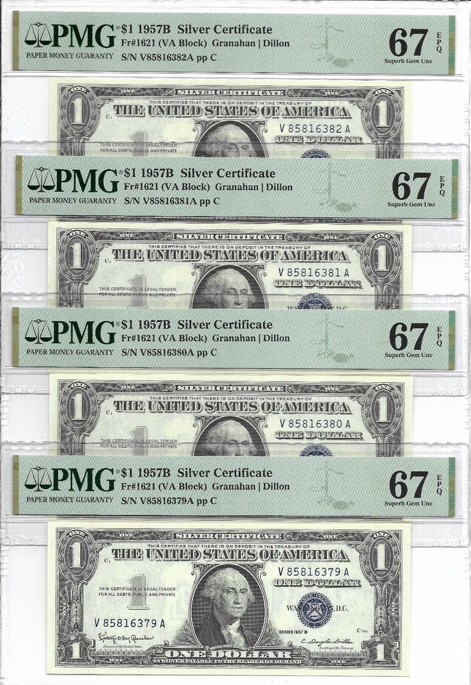 1957B $1 SILVER CERTIFICATES. 4 Consecutive PMG Superb GEM Uncirculated 67 EPQ.