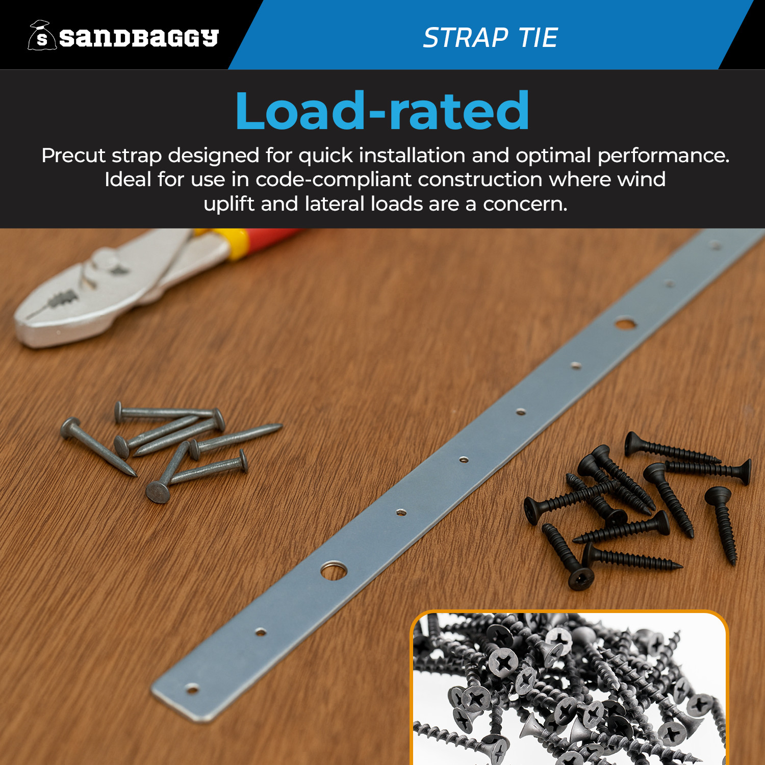 Sandbaggy Galvanized Steel Strap Tie for Wood-to-Wood Connections