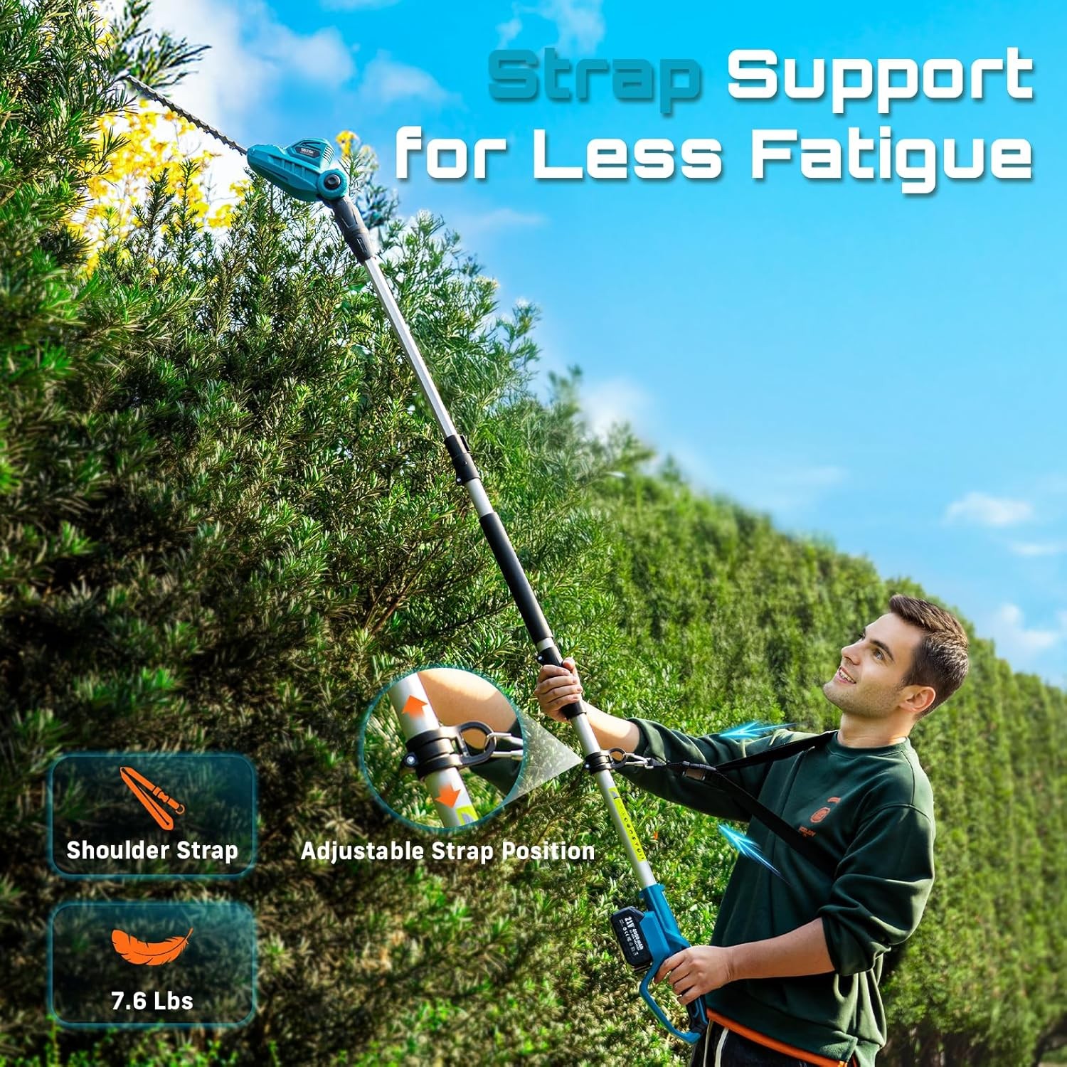 SEESII Pole Hedge Trimmer Cordless 20" Dual-Action Blade 8Ft Telescopic Pole