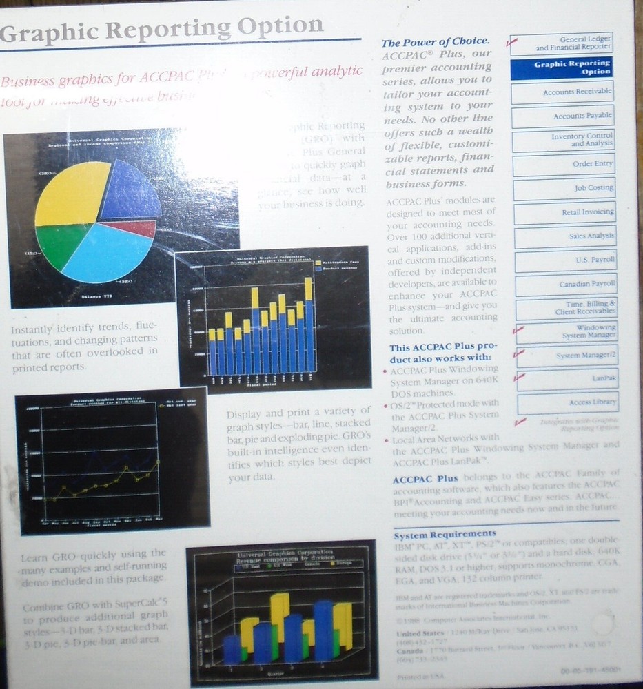 ACCPAC Plus by Computer Associates - GL, AR, AP, Payroll, Graphics... 1988 NEW
