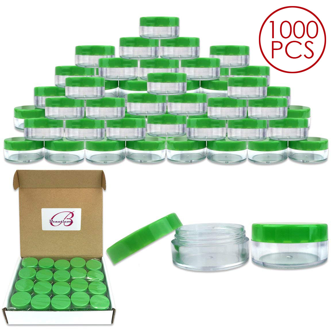 Beauticom® (1000 Pieces) 10G/10ML Round Cosmetic Clear Sample Jars Green Lids