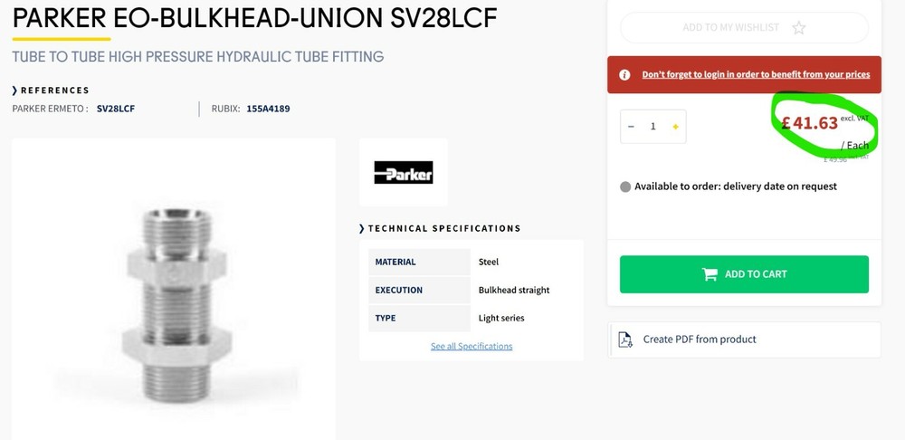 PARKER EO/EO-2 STRAIGHT BULKHEAD-UNION SV28LCF [OF32]