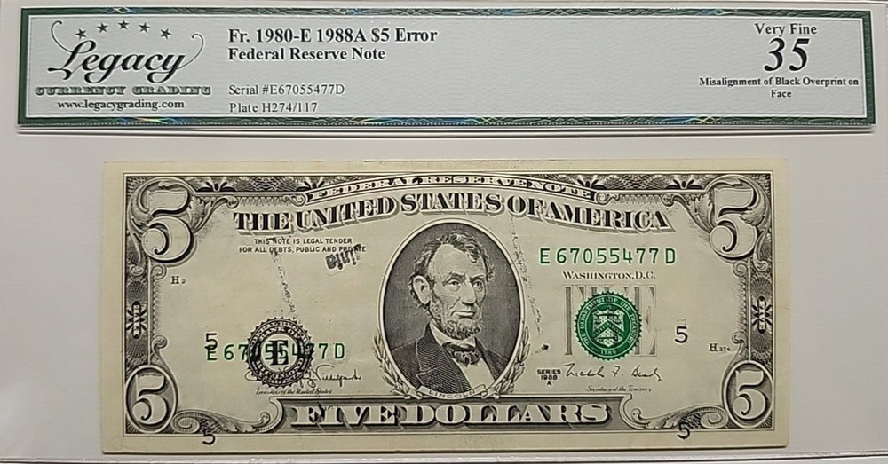 MISALIGNED PRINTING ERROR WITH TELLER STAMP 1988A 5$  LEGACY35 5477D
