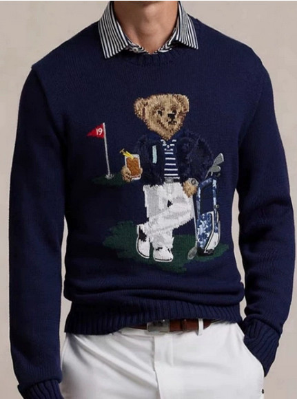 New Autumn and Winter Men's Heavy Embroidery Bear Sweater Round Neck Casual Knit