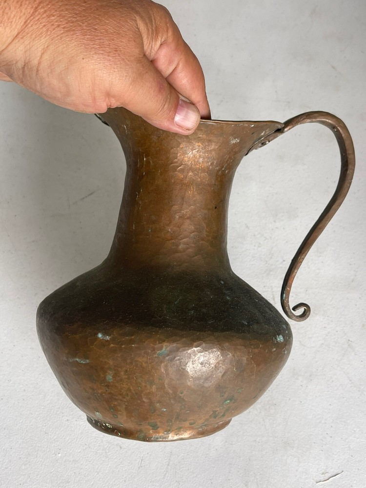 Antique Hammered Copper Pitcher with Scrolled Handle