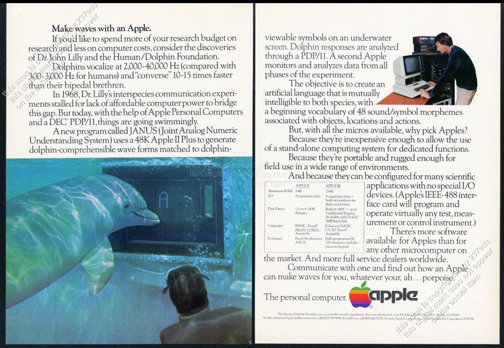1982 Apple II Plus computer dolphin photo JANUS program vintage print ad