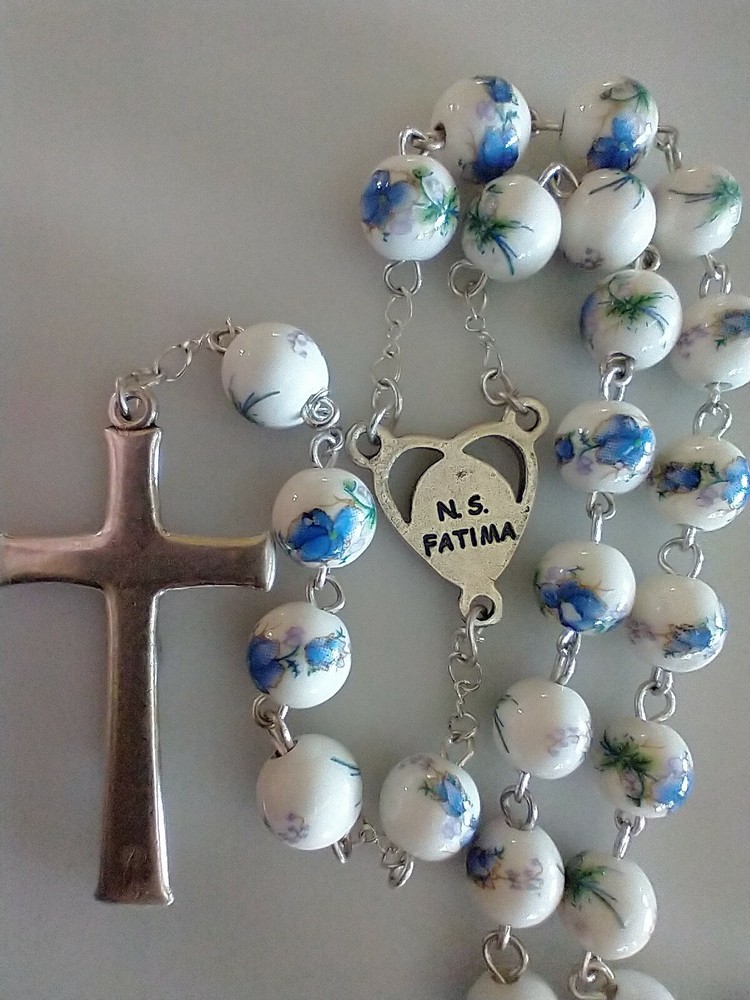 Catholic Ceramic White Blue Floral Rosary