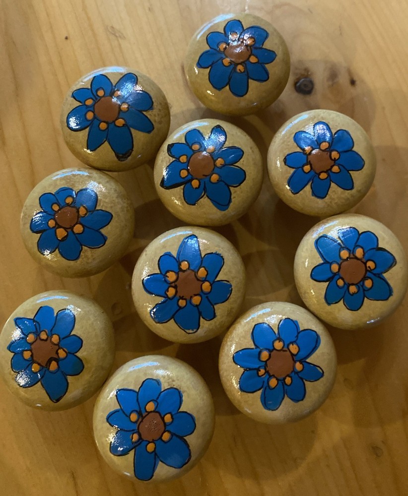 10  Wood drawer pulls/knobs hand painted Turquoise & Orange 1”NOS
