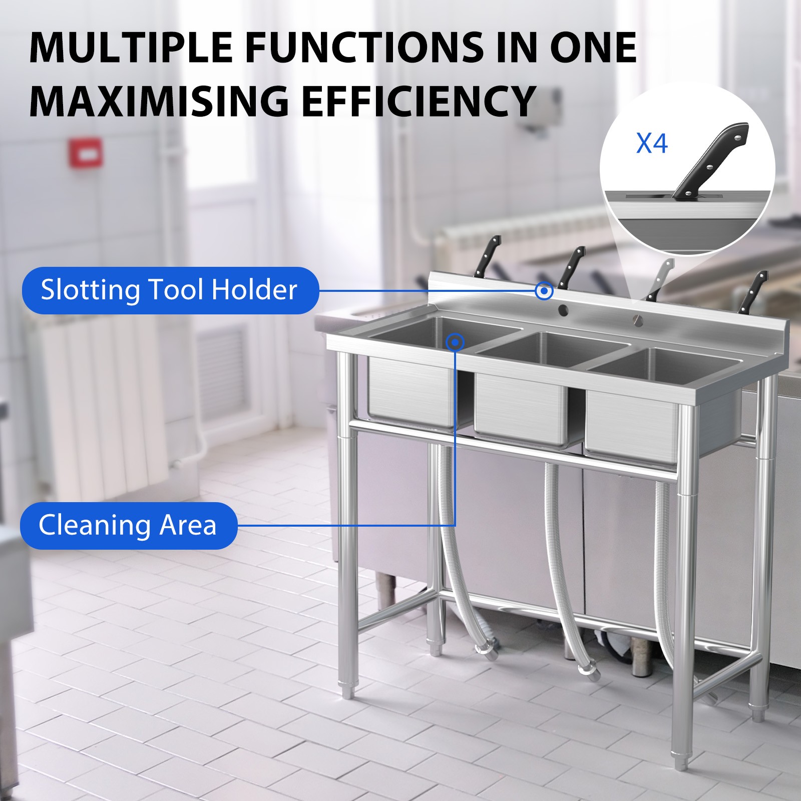 3 Compartment Stainless Steel Sink w/ Hot & Cold Hoses for Restaurant & Kitchen