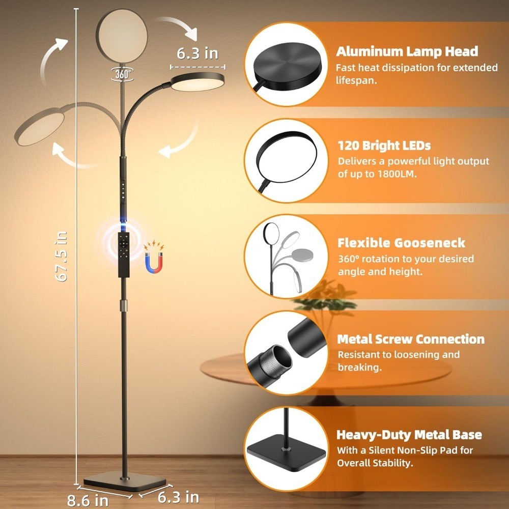 Adjustable Height Floor Lamp with Remote Touch Control 120 LED Super Bright