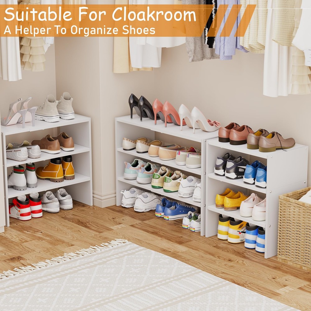 3-Tier Expandable White Shoe Rack Organizer for Closet, Stackable Shoe Racks ...