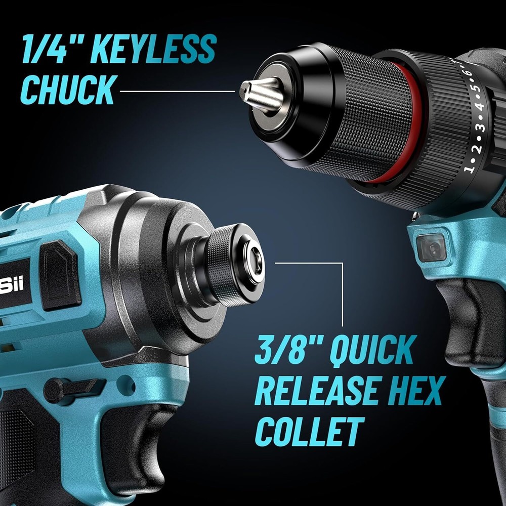 Cordless Drill and Impact Driver, Power Tool Combo Kit 3/8'' Drill &1/4'' Driver