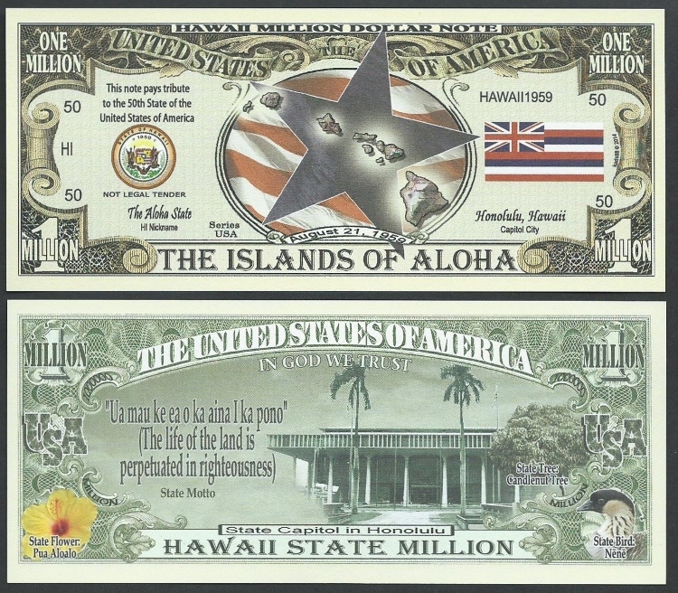 Hawaii State Million Dollar Bill Play Funny Money Novelty Note +FREE SLEEVE