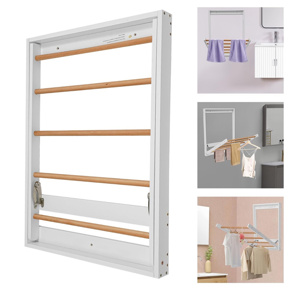 Wall-Mounted Foldable Clothes Drying Rack - Solid Wood Indoor Laundry Organiz...