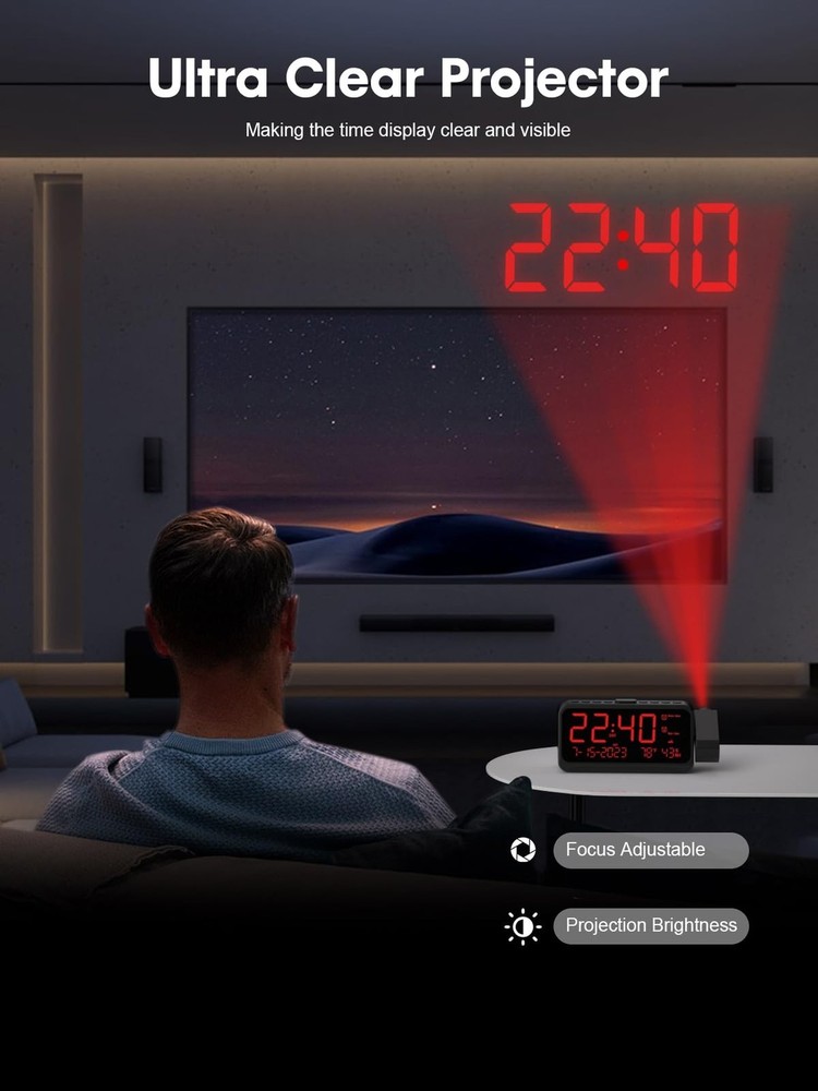 ROCAM Projection Clock for Bedroom, Digital Clock with 180° Projector on Ce