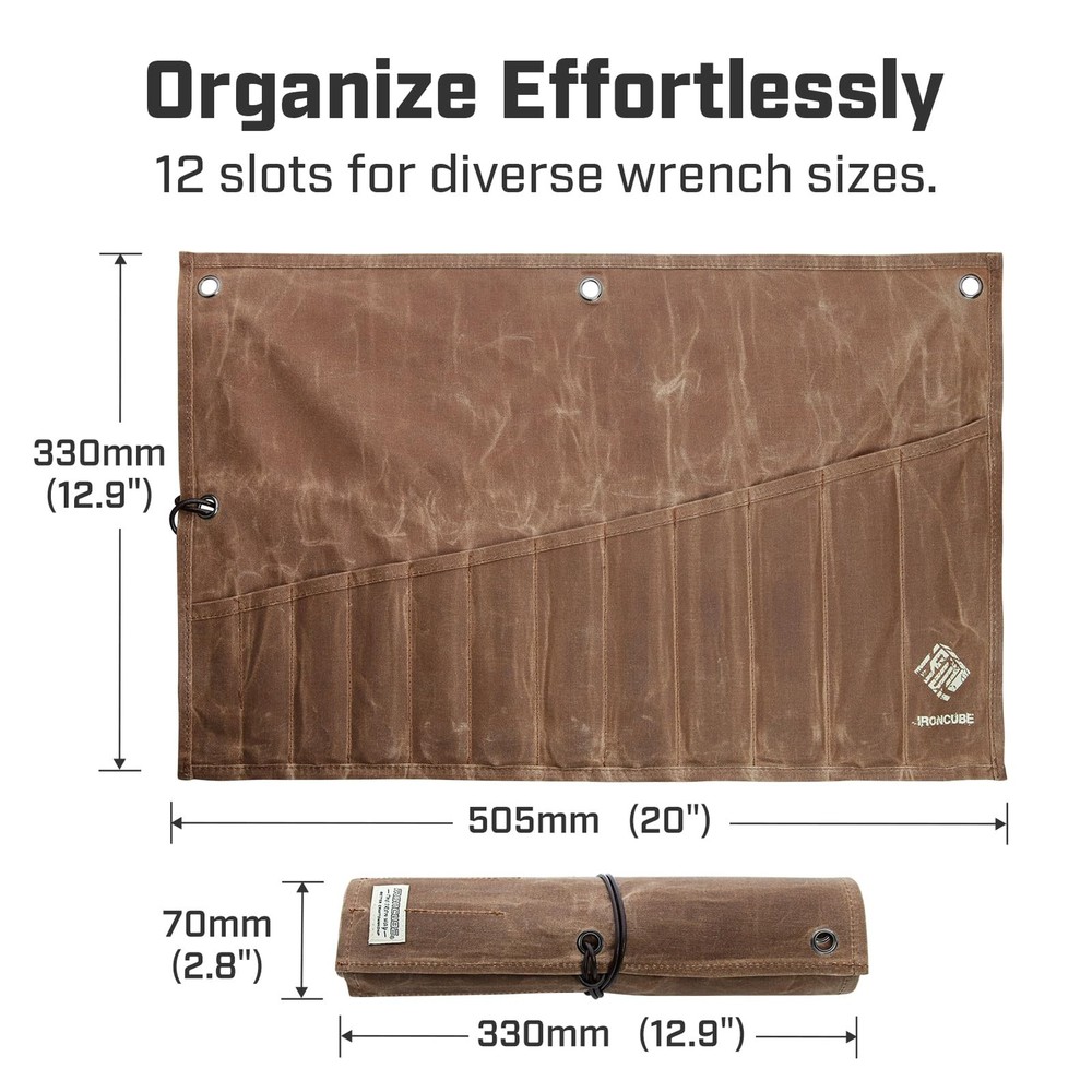 IRONCUBE Tool Pouch, 12 Pockets Wax Canvas Weatherproof Roll-Up Storage Brown