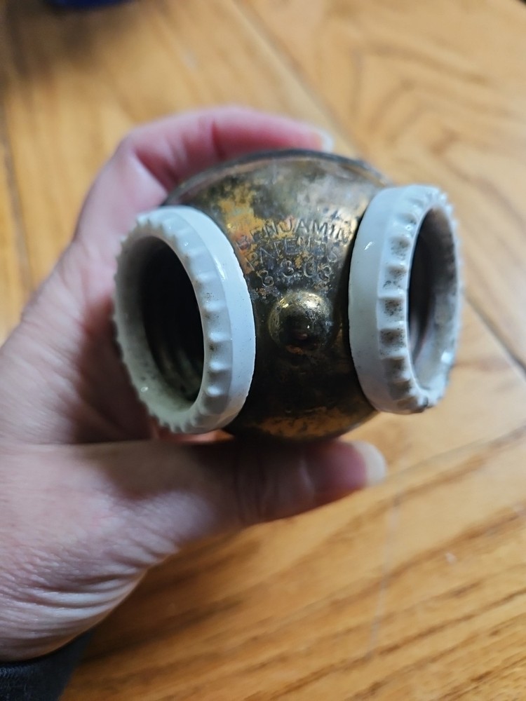 Vintage BENJAMIN 2 Light Socket Double Cluster Electric Brass Porcelain c1904