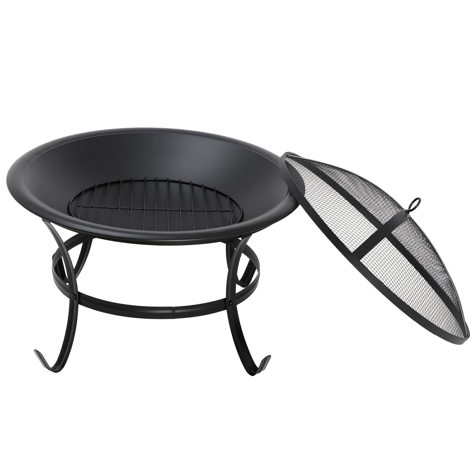 22" Round Fire Pit Patio Wood Burning Bowl Stove Fireplace W/ Lid Poker Black