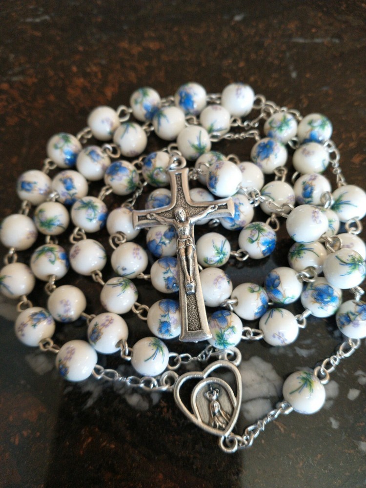 Catholic Ceramic White Blue Floral Rosary