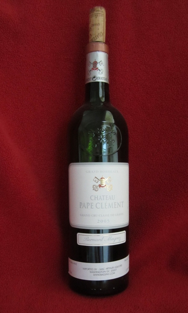 2005 Chateau Pape Clement empty wine bottle with cork