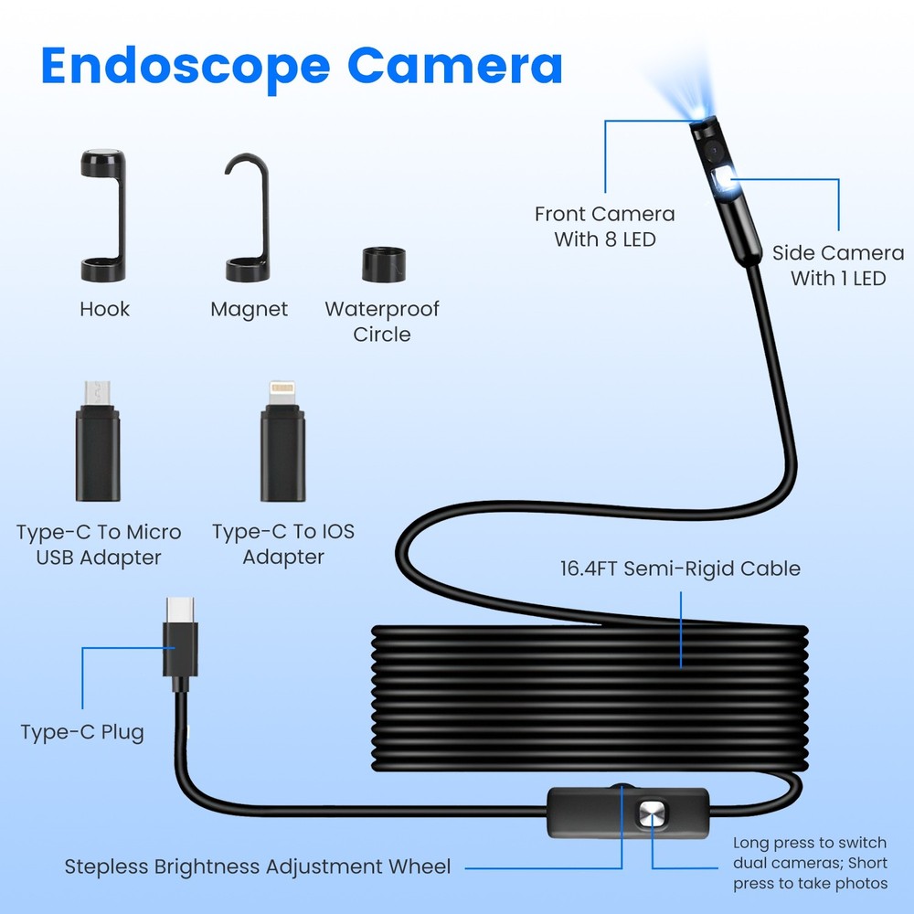 Endoscope Camera 1920P HD Inspection Borescope Tool APP Control Camera w/ Light