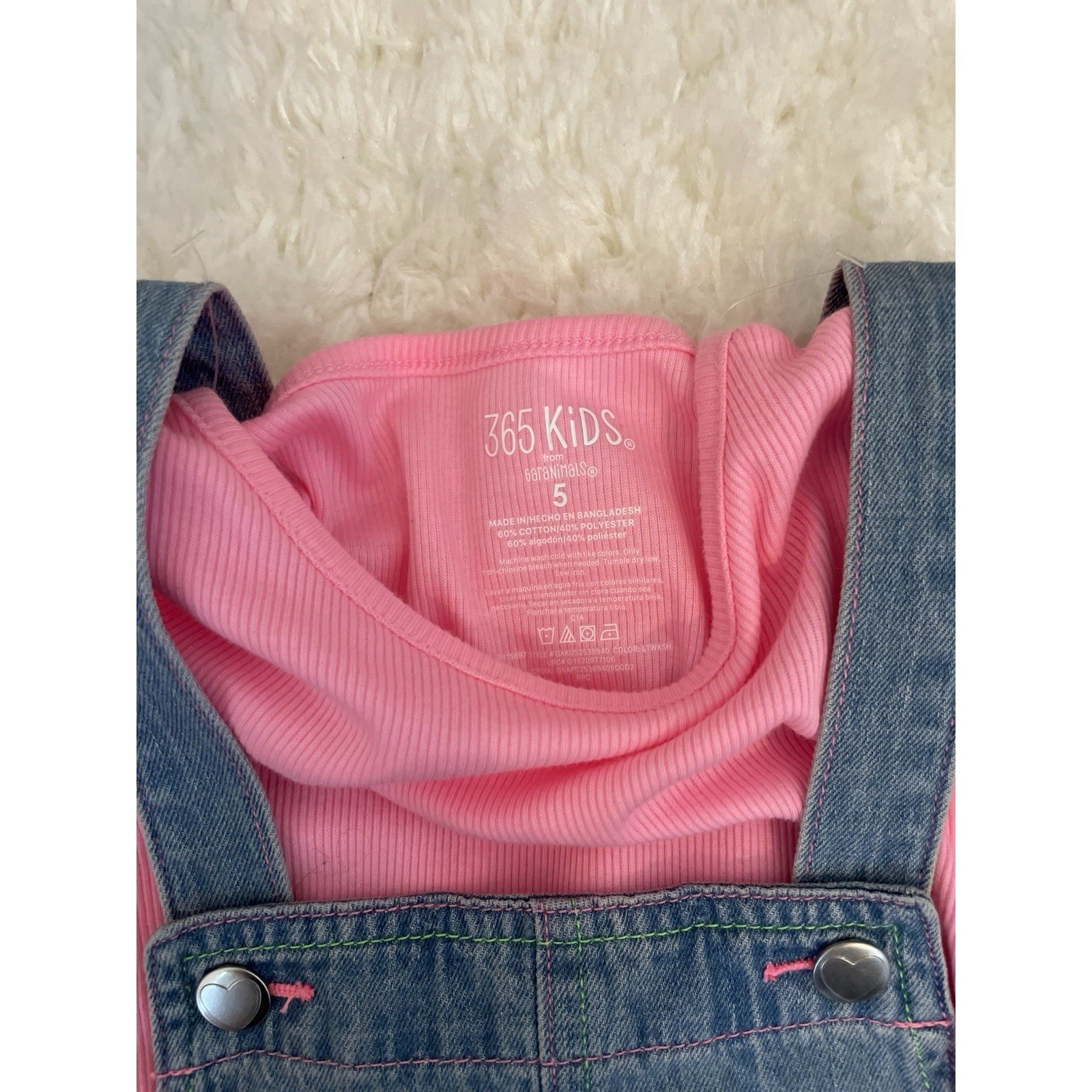 365 Kids Girls 2 Pack Pink and Blue Denim Overalls and T-shirt 5 Rainbow Heart