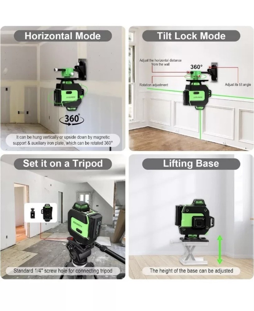 KERATETY Laser Level 4x360° Self-Leveling Laser Level Tool, Switchable & Auto 16