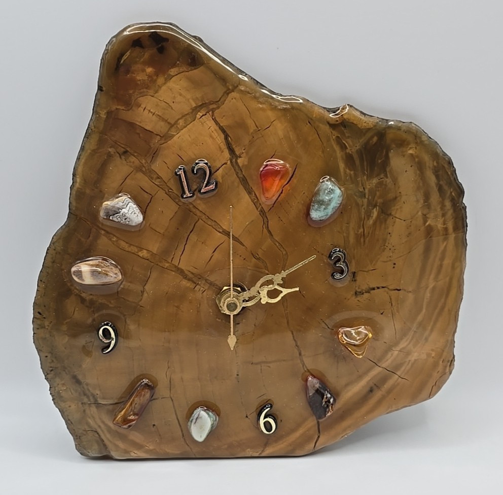 Brown Irregular Shape Agate Stone Wall Clock with Accent Stones - Works!