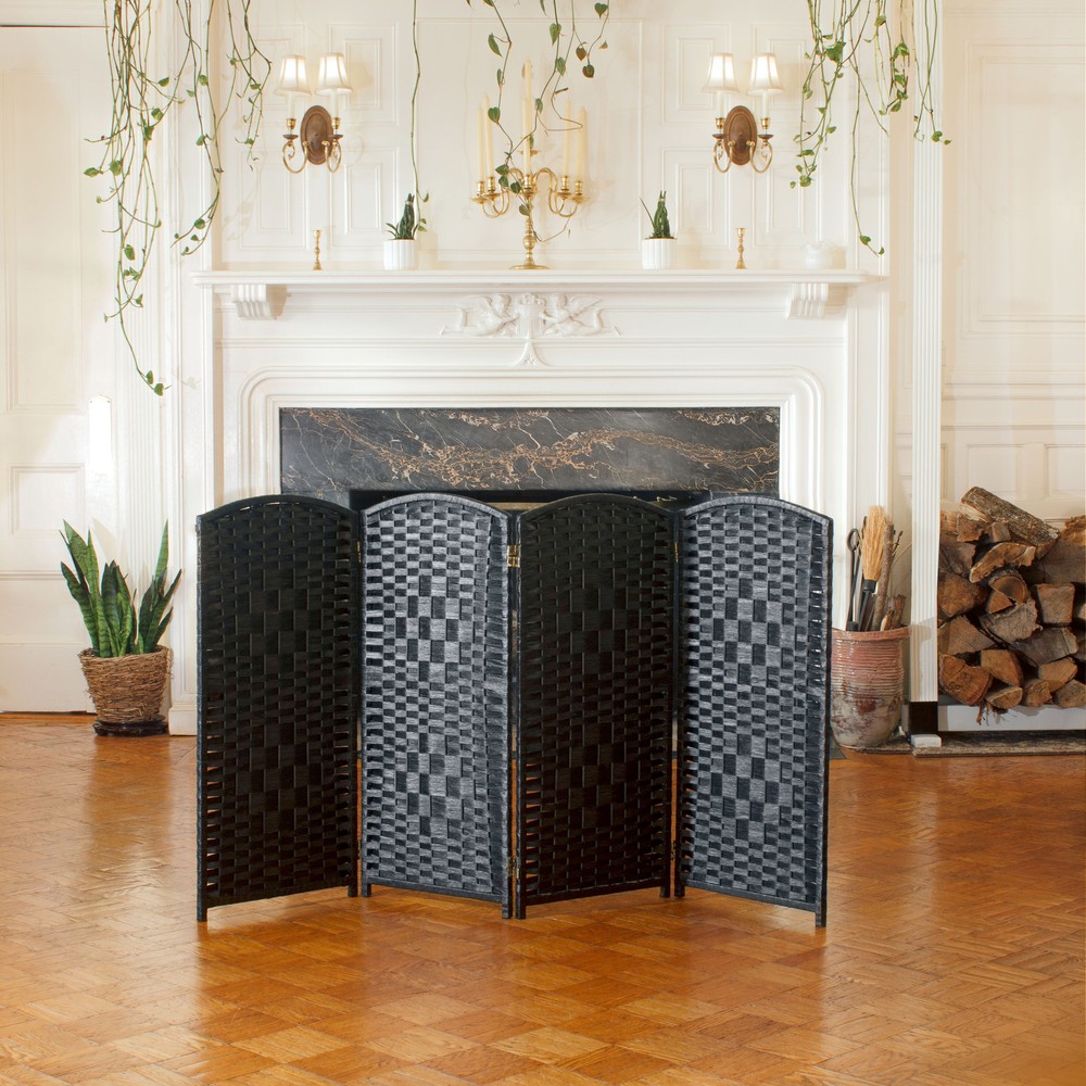 3 ft. Short Diamond Weave Fiber Folding Screen - Black - 4 Panel