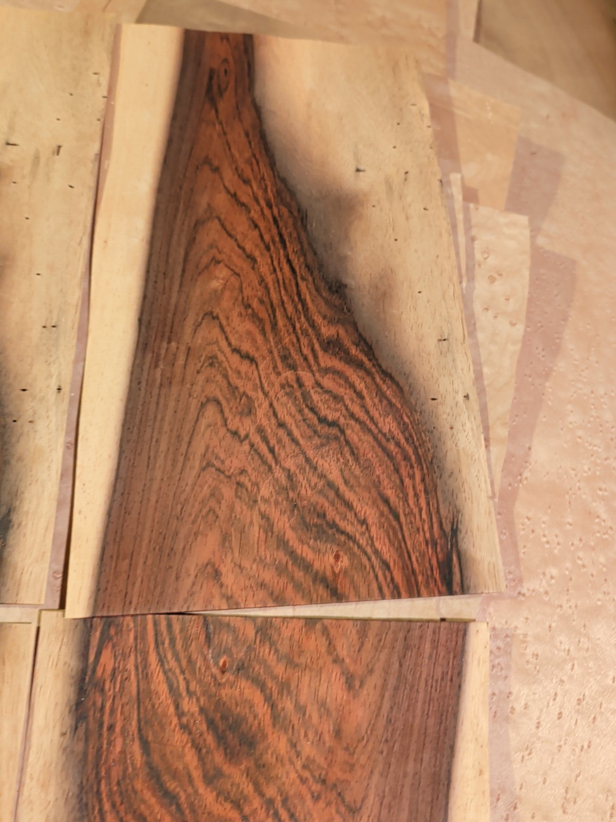 4 pieces of rosewood wood veneer 7" x 12 1/2" each raw 1/42" holes old