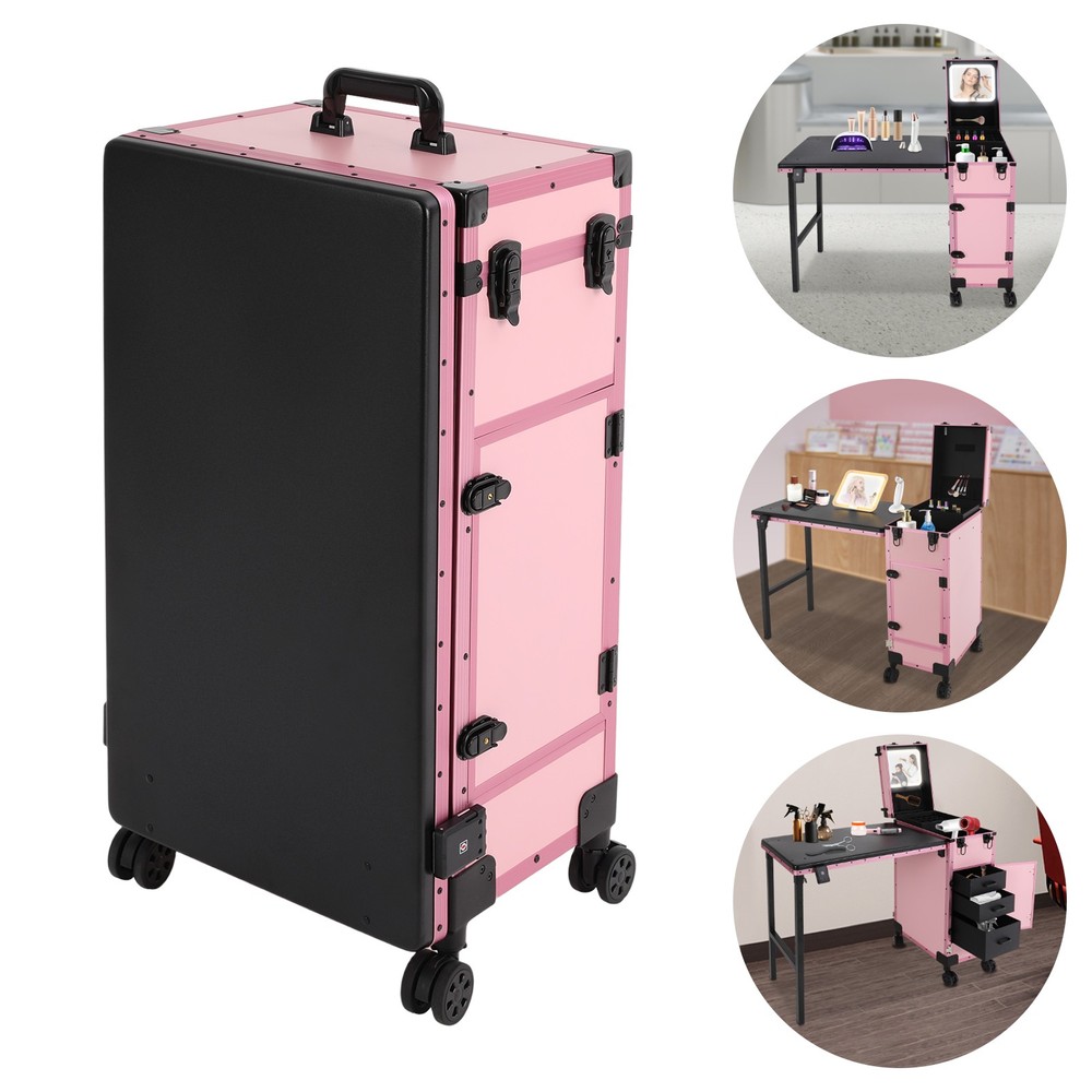 Rolling Makeup Case, Rolling Portable Manicure Table with 3 Drawers Lockable