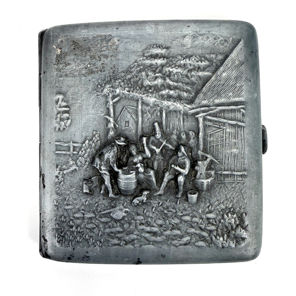1930s Embossed Metal Cigarette Case Tavern Scene Rustic Cabin
