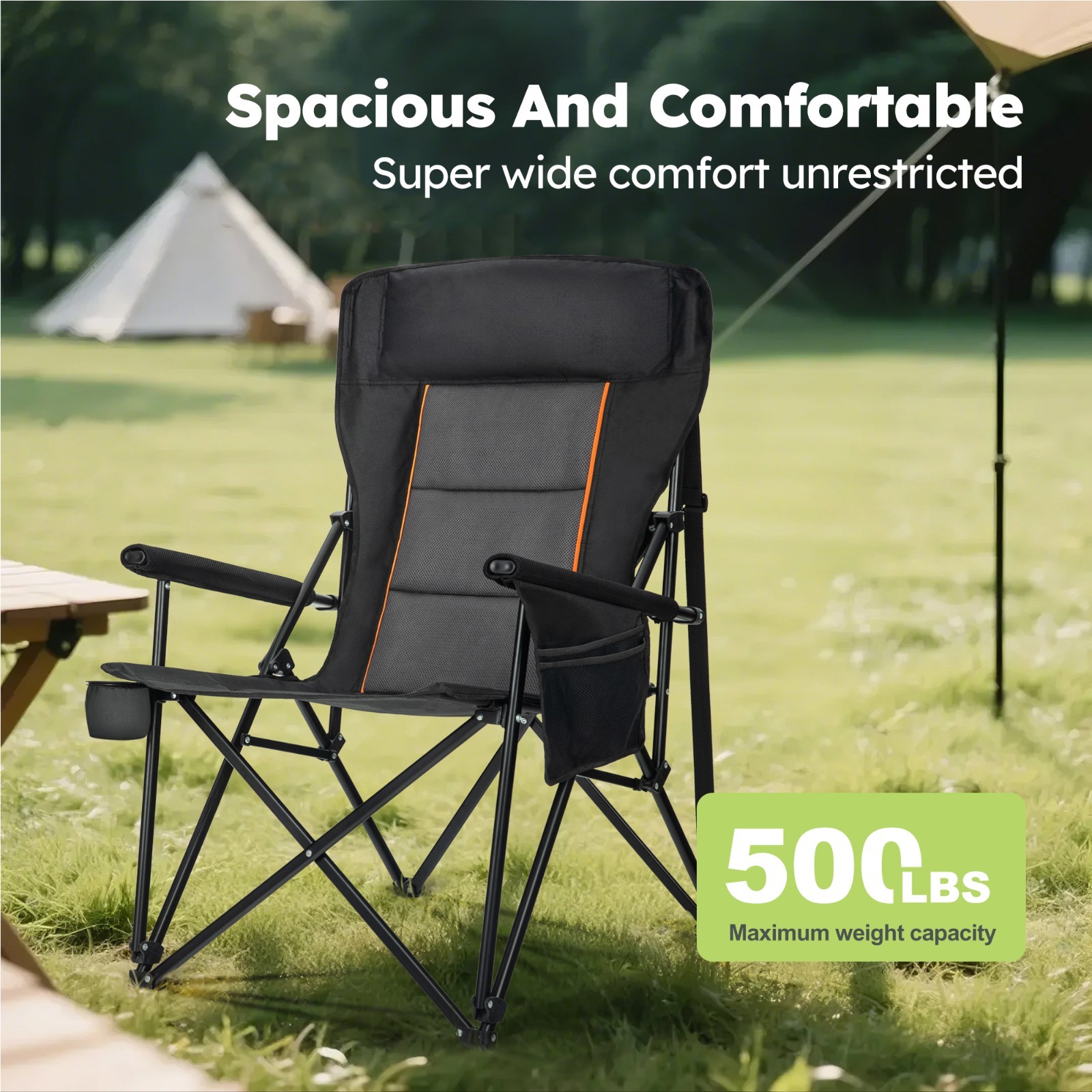 Heavy Duty Camping Chairs Oversize Folding Chair High Back Support 500lbs Black