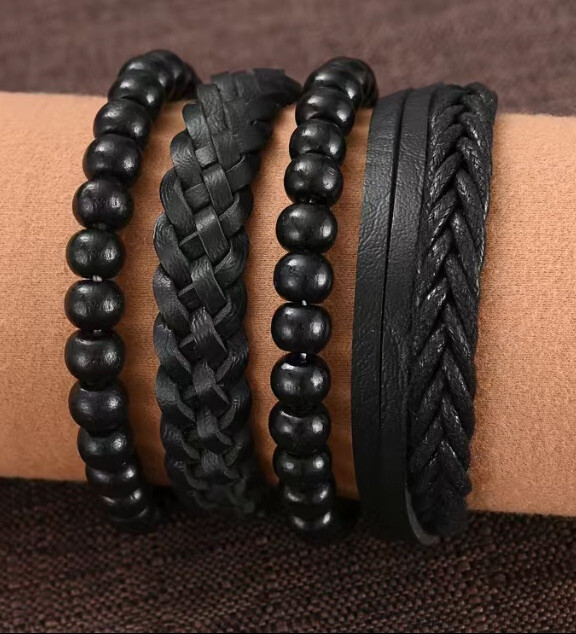 4 PC Unisex Leather Bracelet Stackable Adjustable Tie New Free Ship 7466