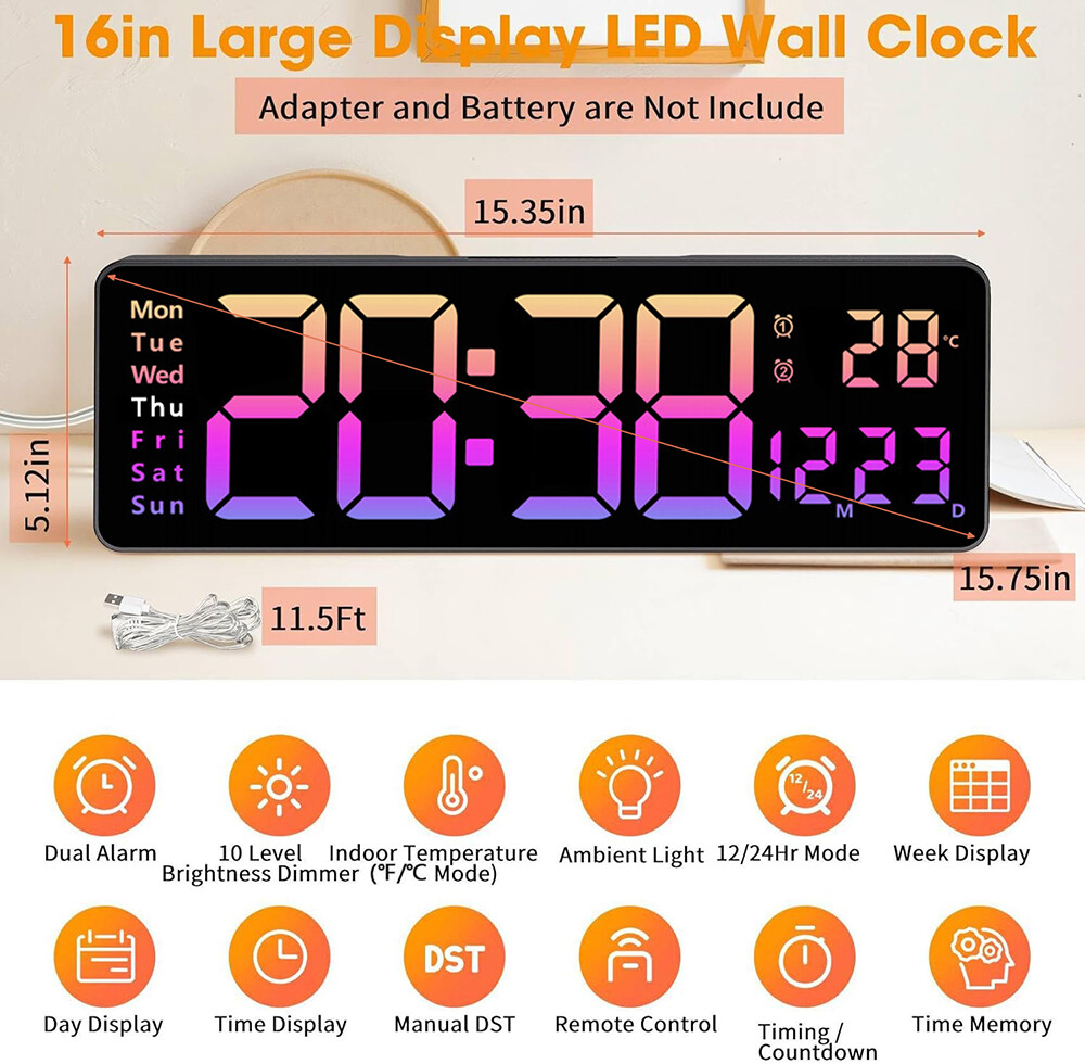 16-Inch Big Digital LED Wall Clock with Timer, Date, Temperature
