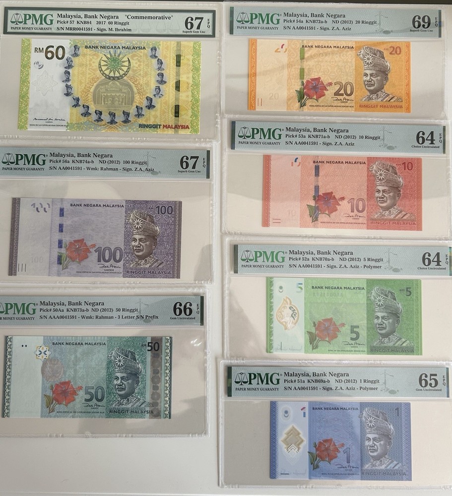 Malaysia 2012 Amazing X 7 Same Number  Note Set, Include 2017 60 Ringgit All EPQ