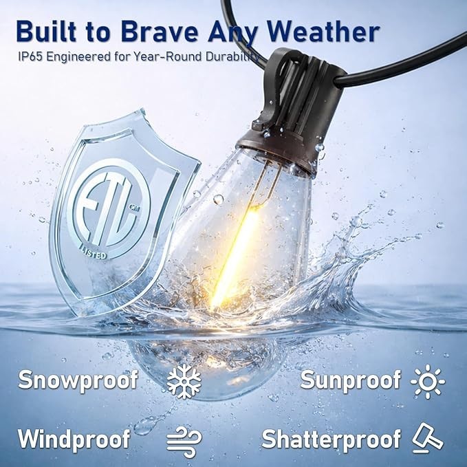 Outdoor String Lights 50FT with Shatterproof LED Bulbs Remote Control Dimmable