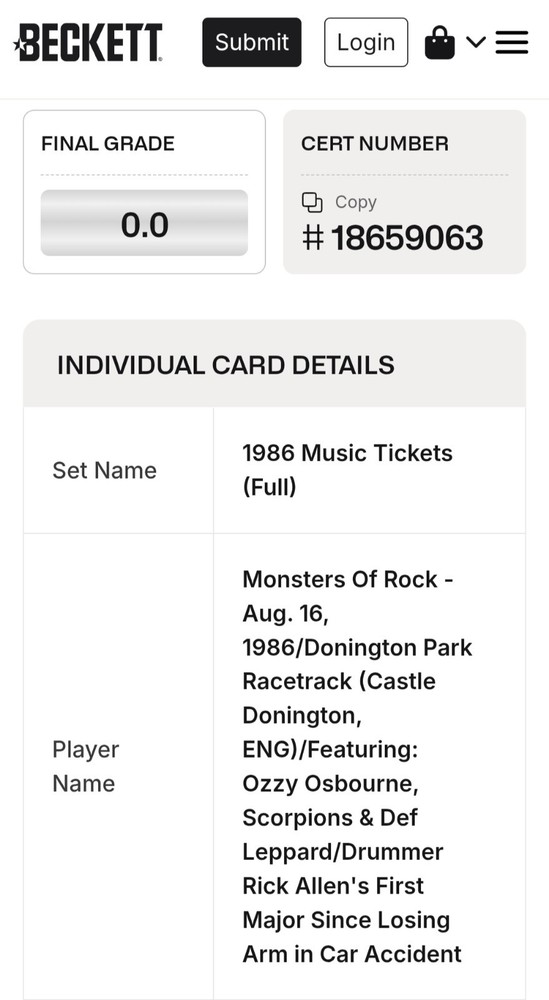 Ozzy Osbourne Monsters Of Rock Concert Ticket Donington Park 8/16/1986 Beckett