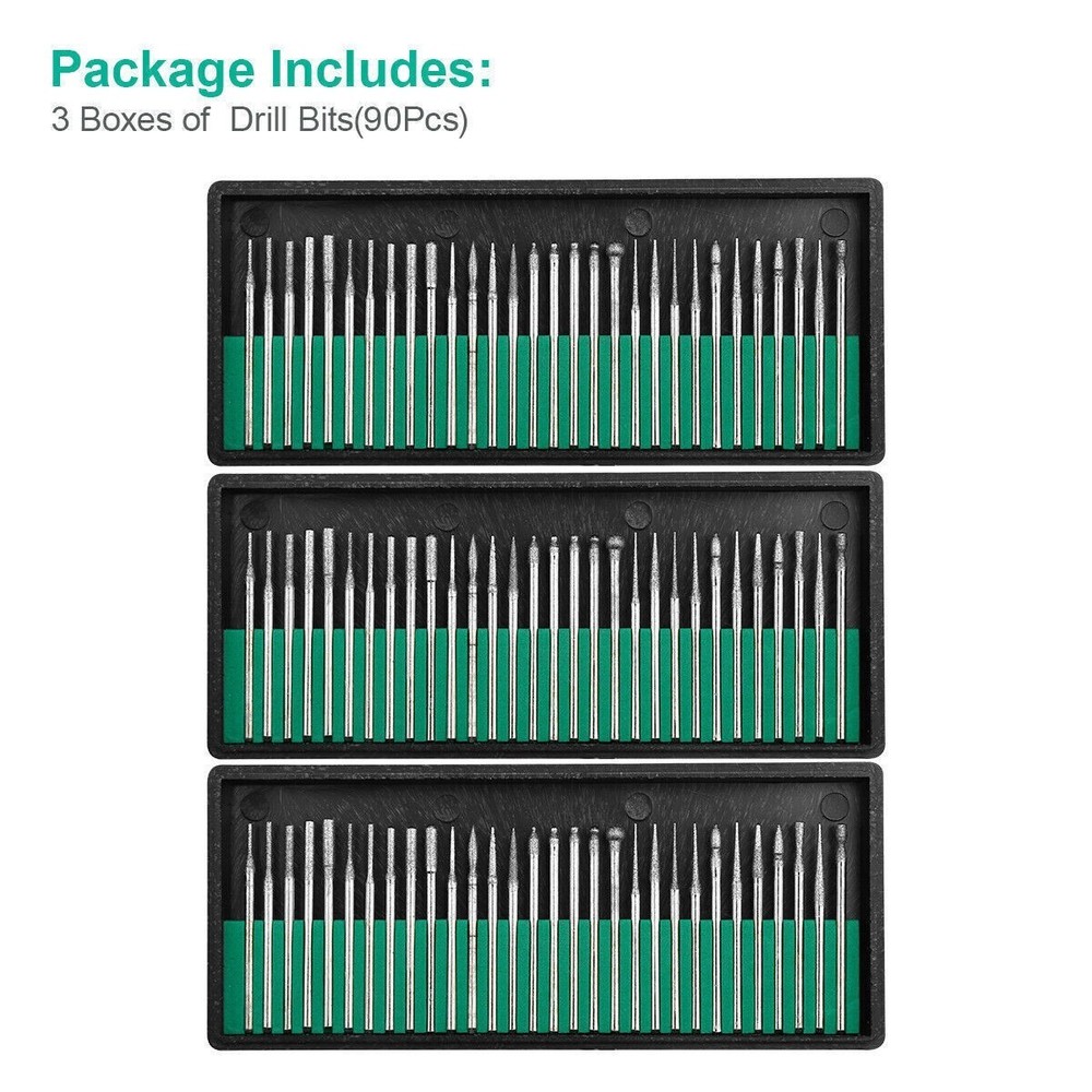 90Pcs 1/8" Diamond Burr Bits Drill Set Rotary Multi Tool Accessories For Dremel