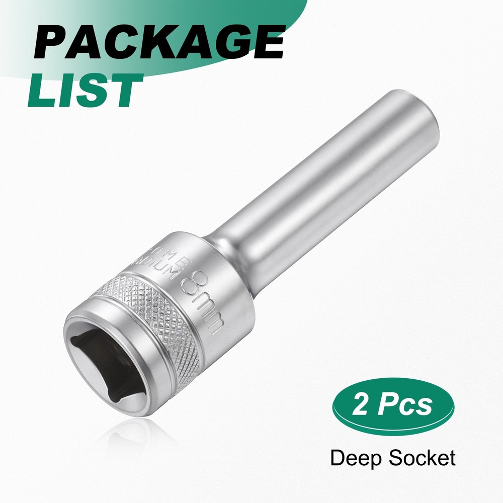 2pcs 6 Points Deep Socket 1/2" Drive 8mm Nickel Plating Hex Socket 3.1" Long