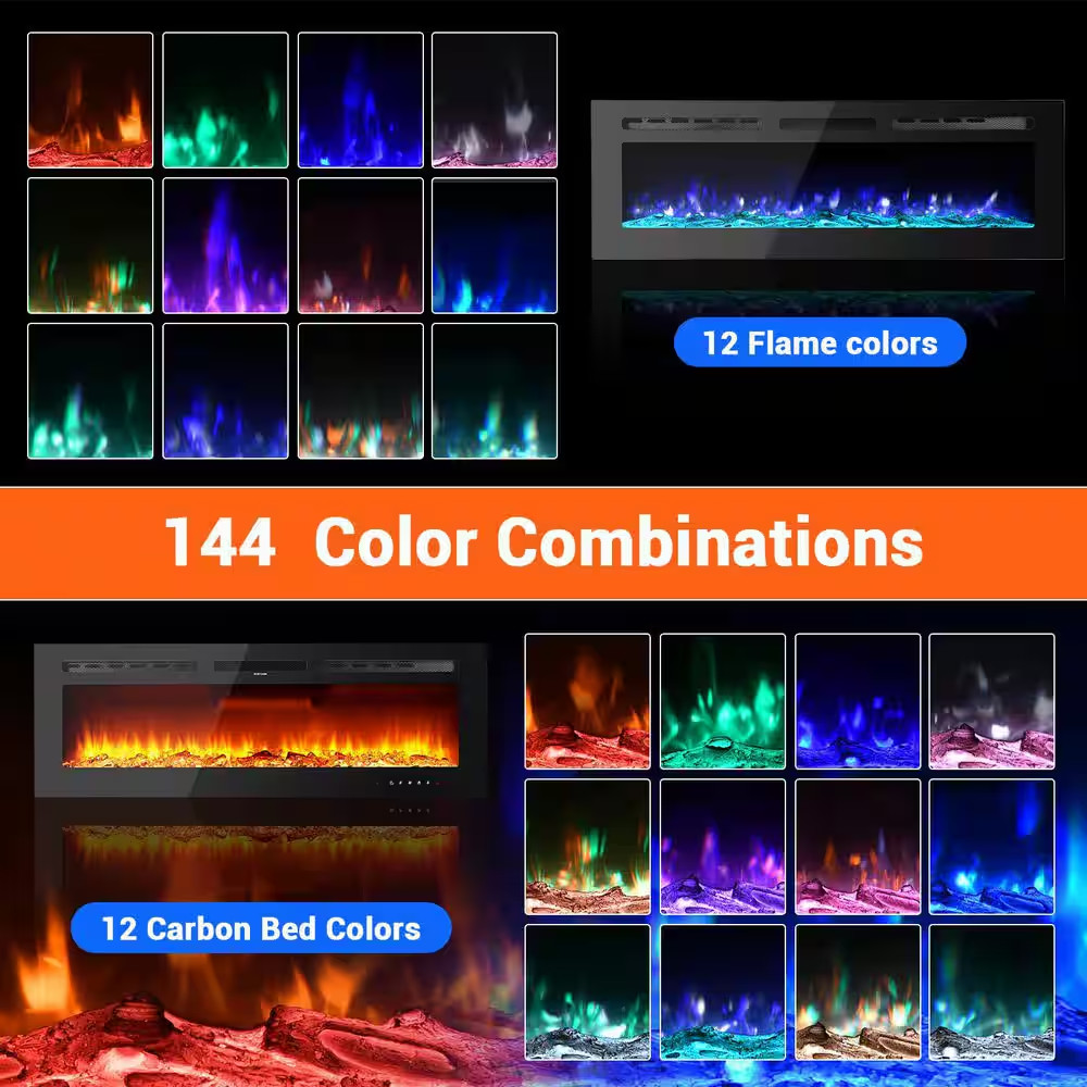 60 In. Wall Mount Electric Fireplace in Black with Remote Control,12 Adjustable