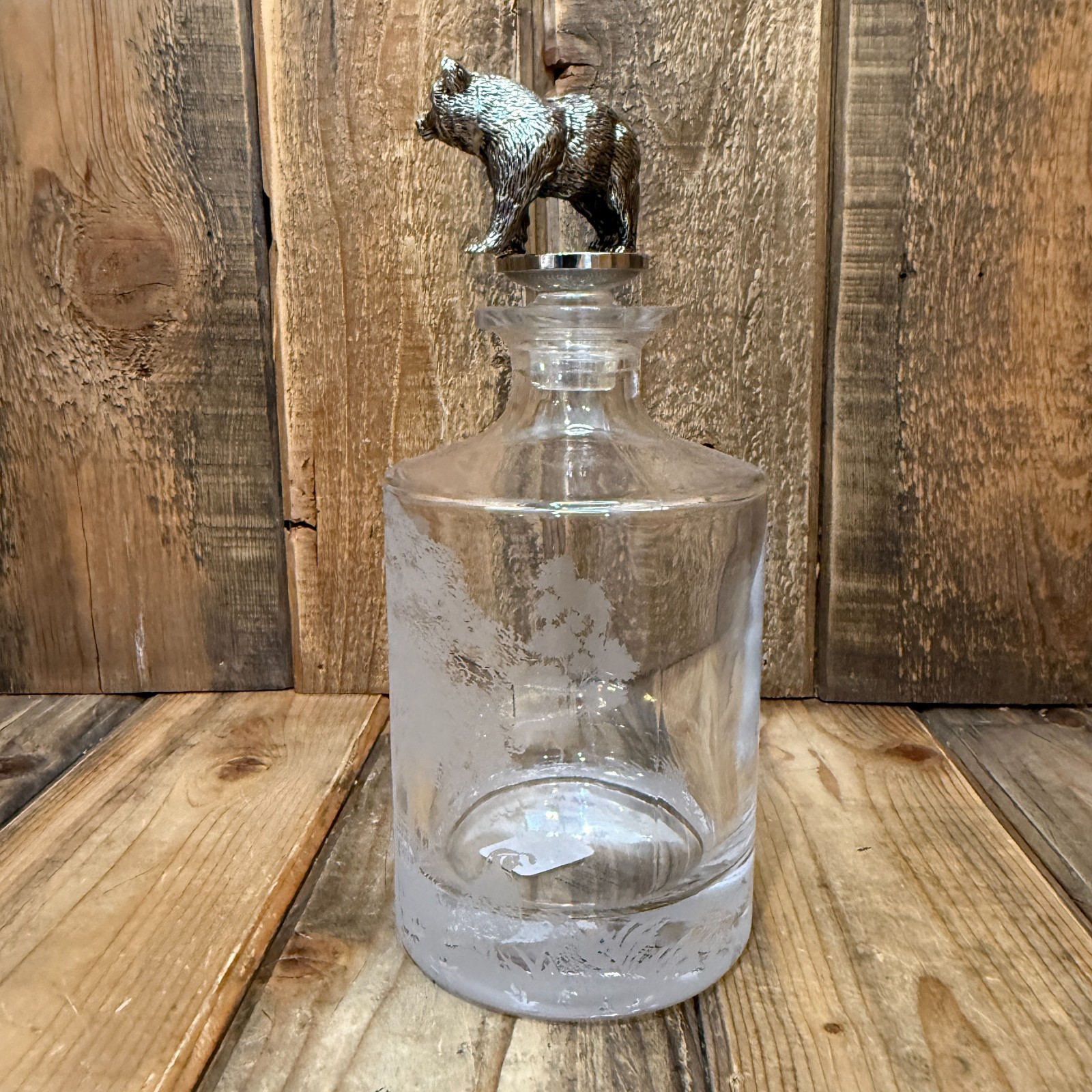 POTTERY BARN Fantastical Forest Glass Decanter 4.5" X 10" ~ BEAR, FOX, QUAIL