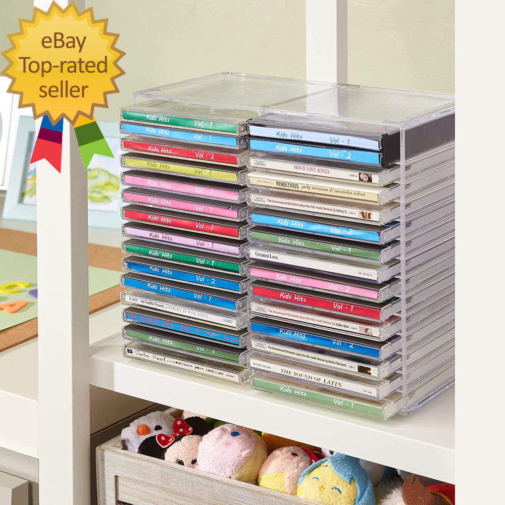 Stackable Clear Plastic CD Organizer with Rubber Feet Rectangular Jewel Cases