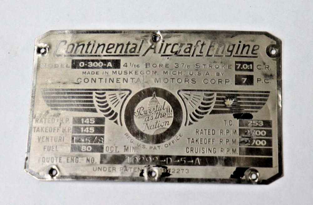 O-300-A Continental Motors Engine Data Plate - 3 Available