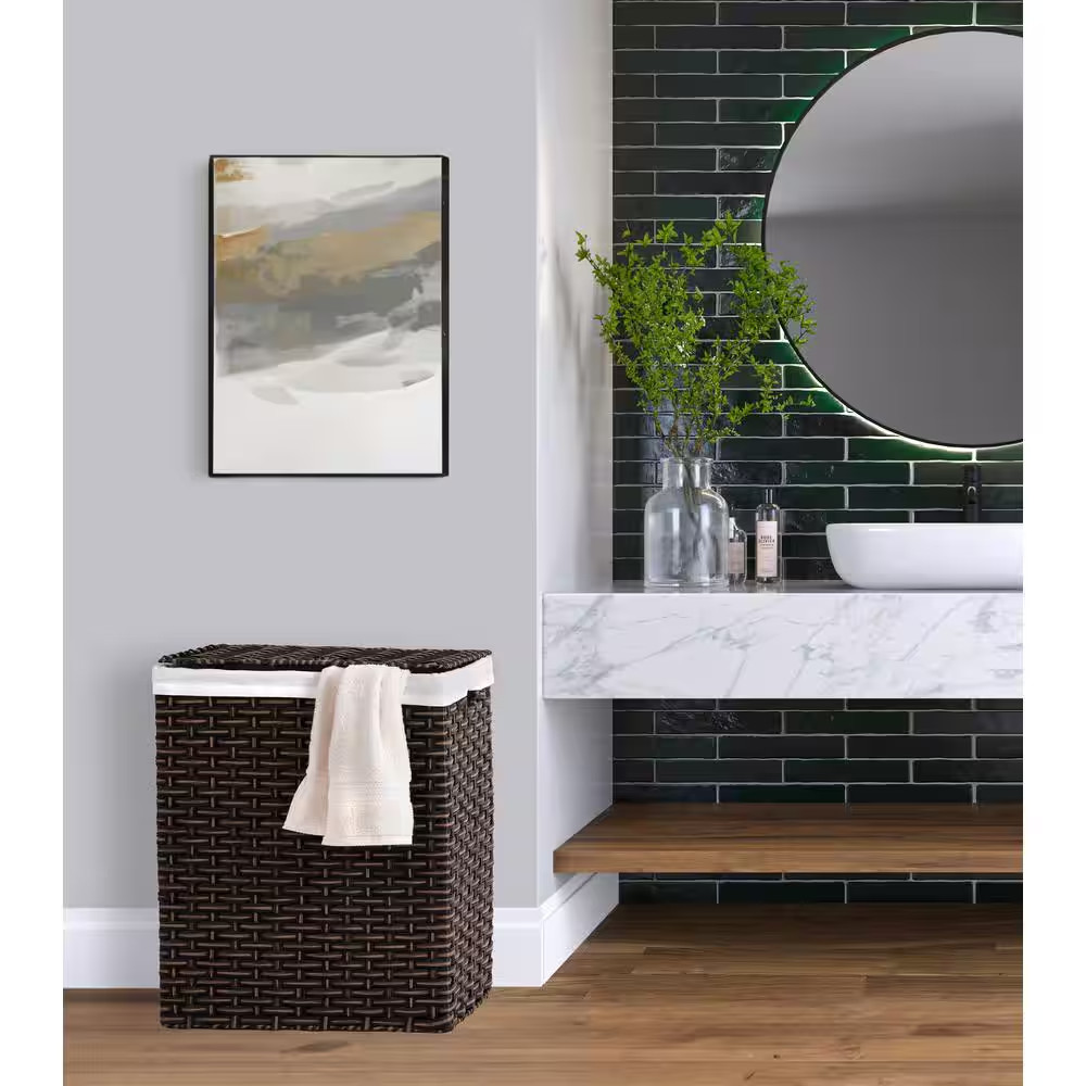Laundry Hamper Basket Lidded Rectangular Brown Collapsible Wicker Washable Liner