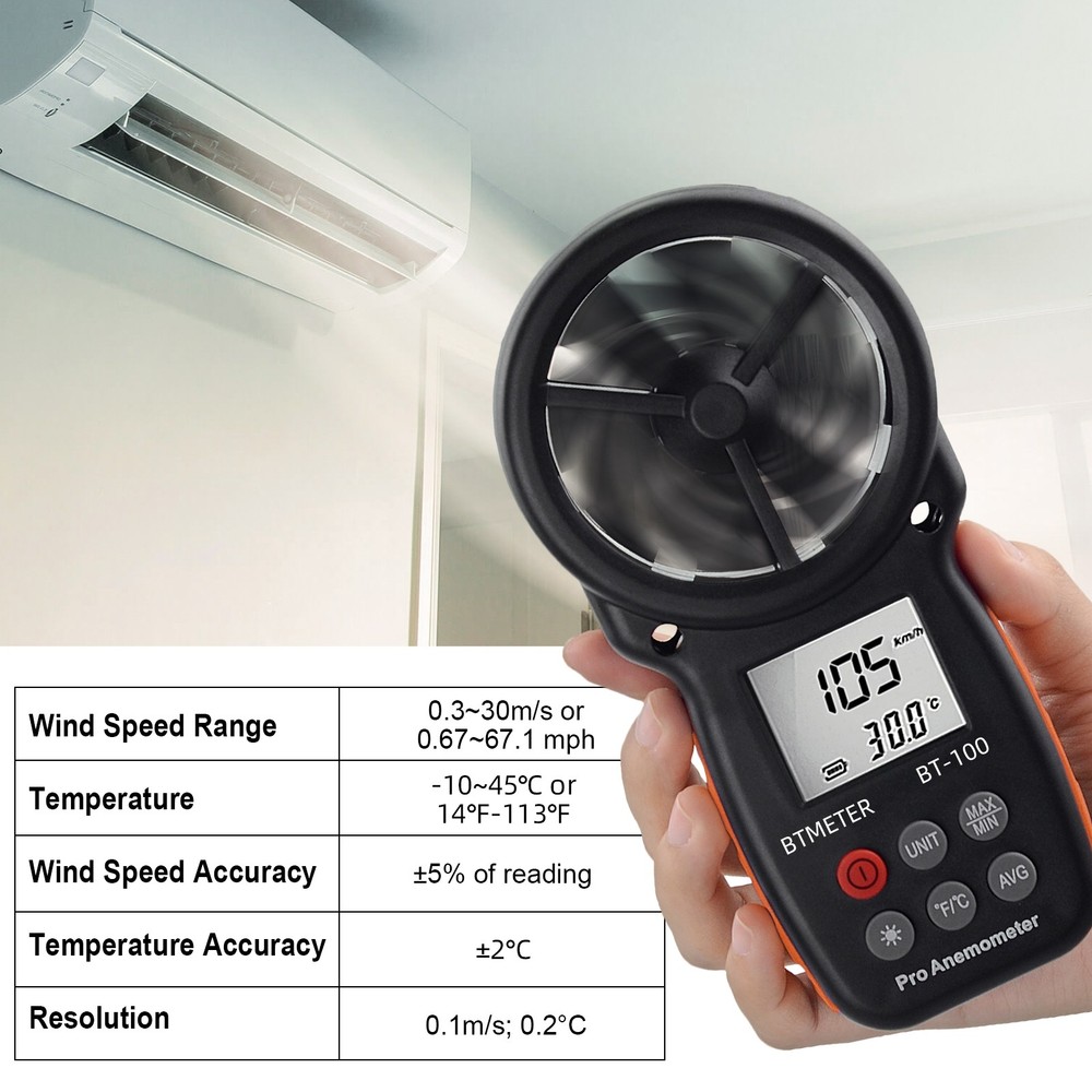 Handheld Anemometer HVAC Digital Wind Speed Meter 30m/s Wind Temperature Backlit