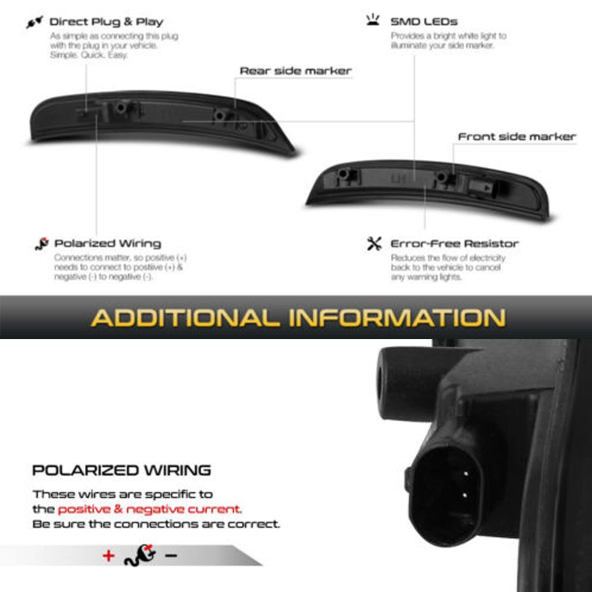 For 2015-2023 Dodge Charger White Front Rear LED Side Marker Light Smoked Lens